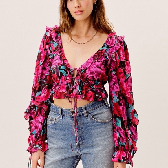 For Love And Lemons Tops - For Love And Lemons Floral Pink and Black Blouse PRICE FIRM